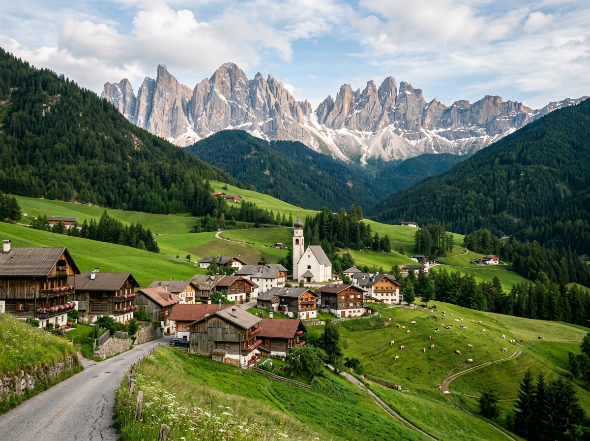 Alpine village with church and green pastures beneath jagged snow-dusted mountains