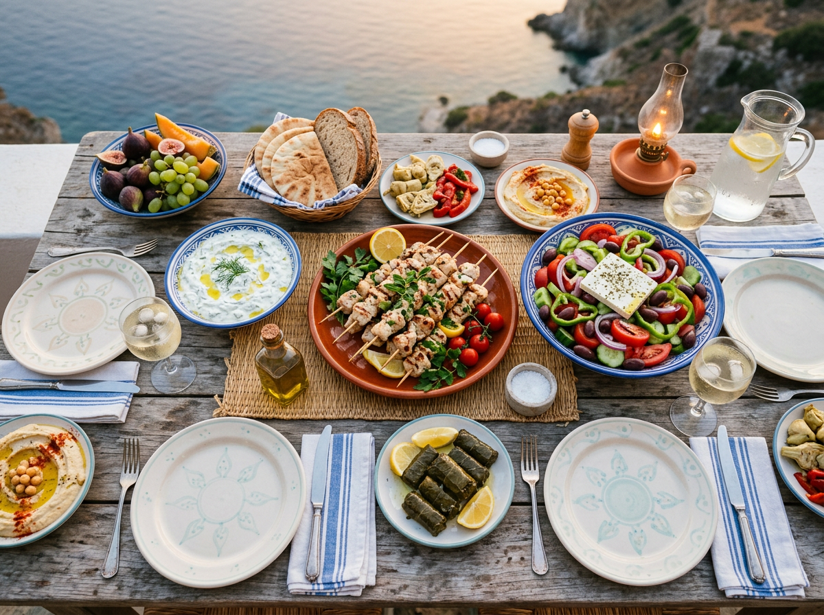 Mediterranean meal with grilled skewers, salad, hummus, bread, and fruit by the sea