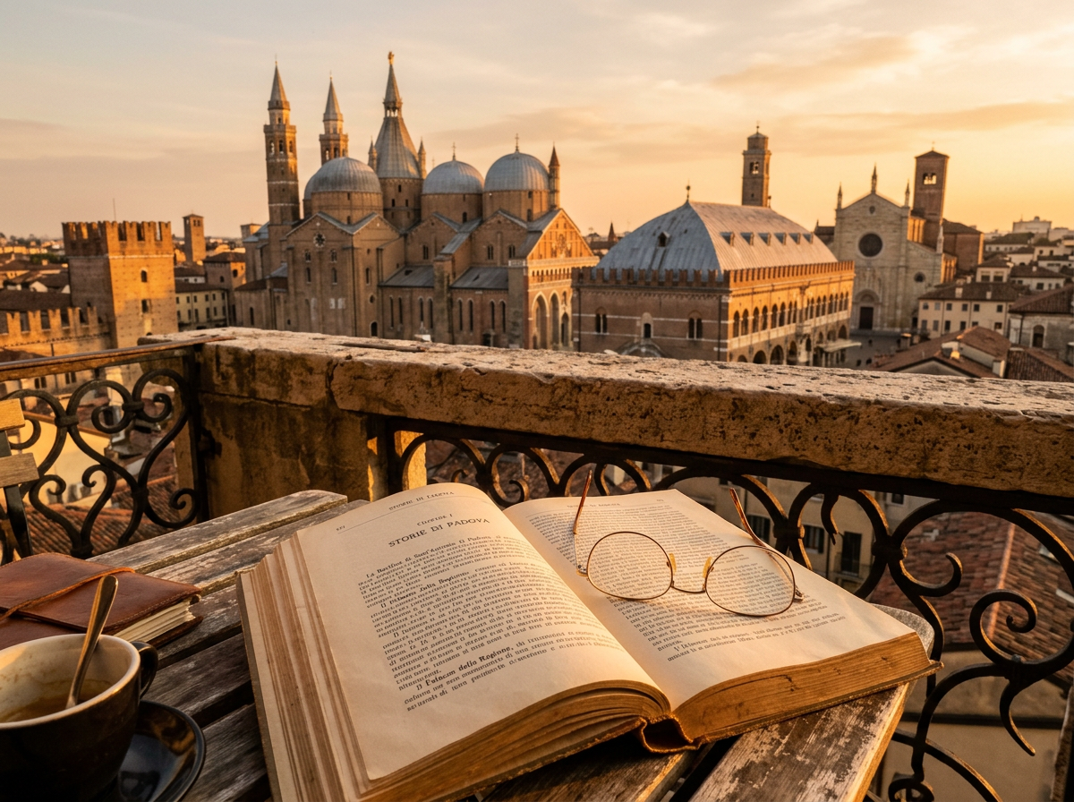 Open book and coffee overlooking Padua’s historic basilica at sunset