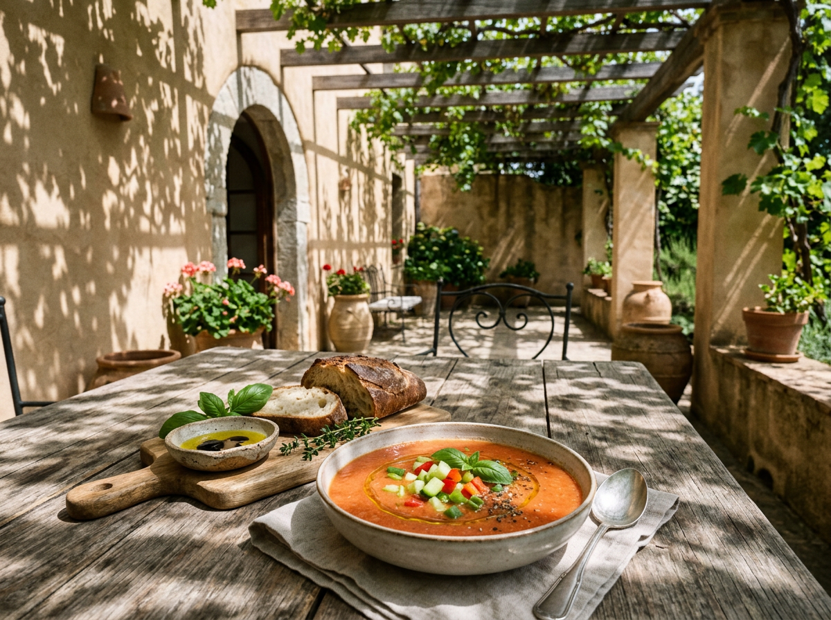 Bowl of gazpacho with bread on a rustic courtyard table