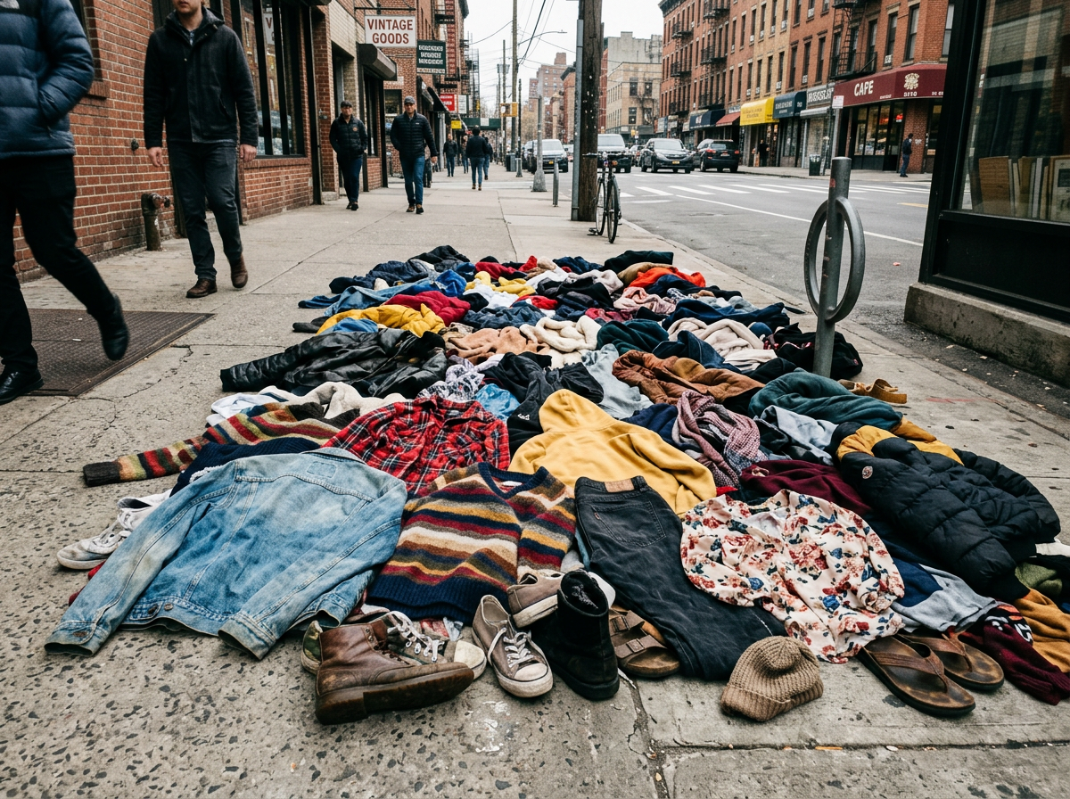 Clothing, shoes, and accessories arranged across a busy city sidewalk