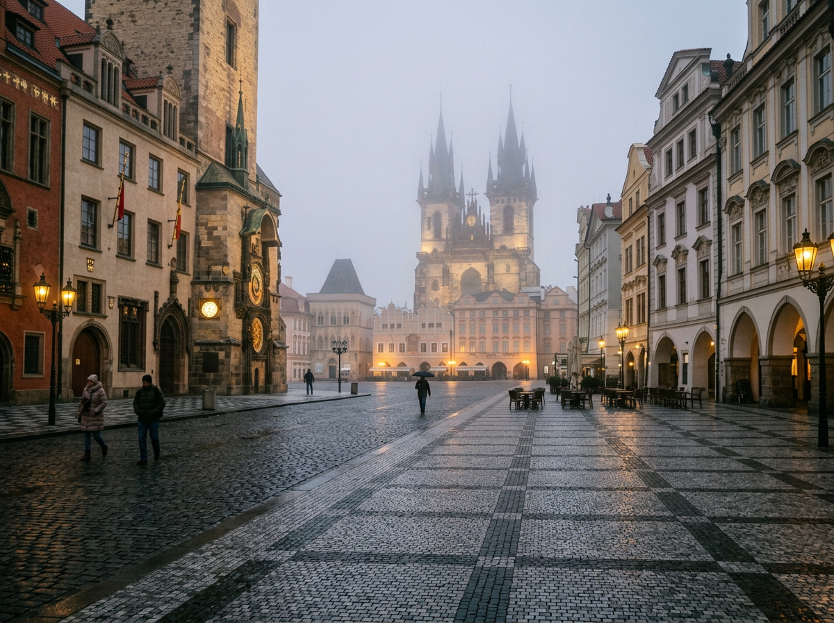 Prague Old Town Square with misty Church of Our Lady before Týn