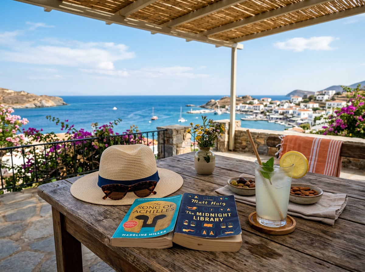 Books, sunhat, lemonade, and snacks on a terrace overlooking a Mediterranean harbor