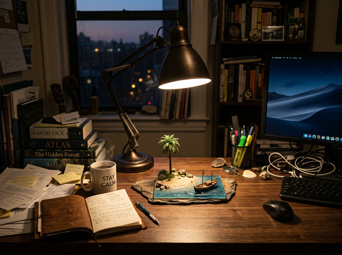 Warm desk with books, notes, lamp, computer, and miniature beach scene