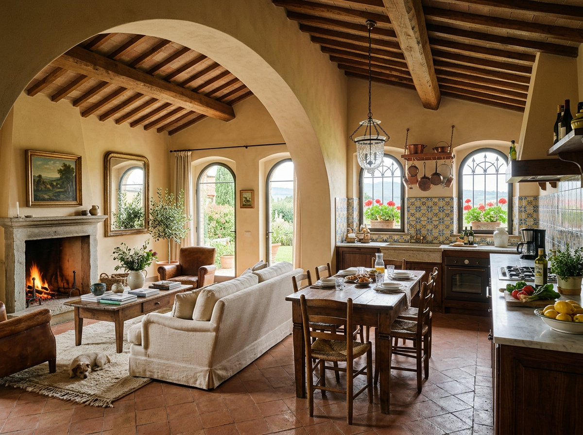 Rustic Tuscan-style kitchen and living room with fireplace, dining table, and sleeping dog