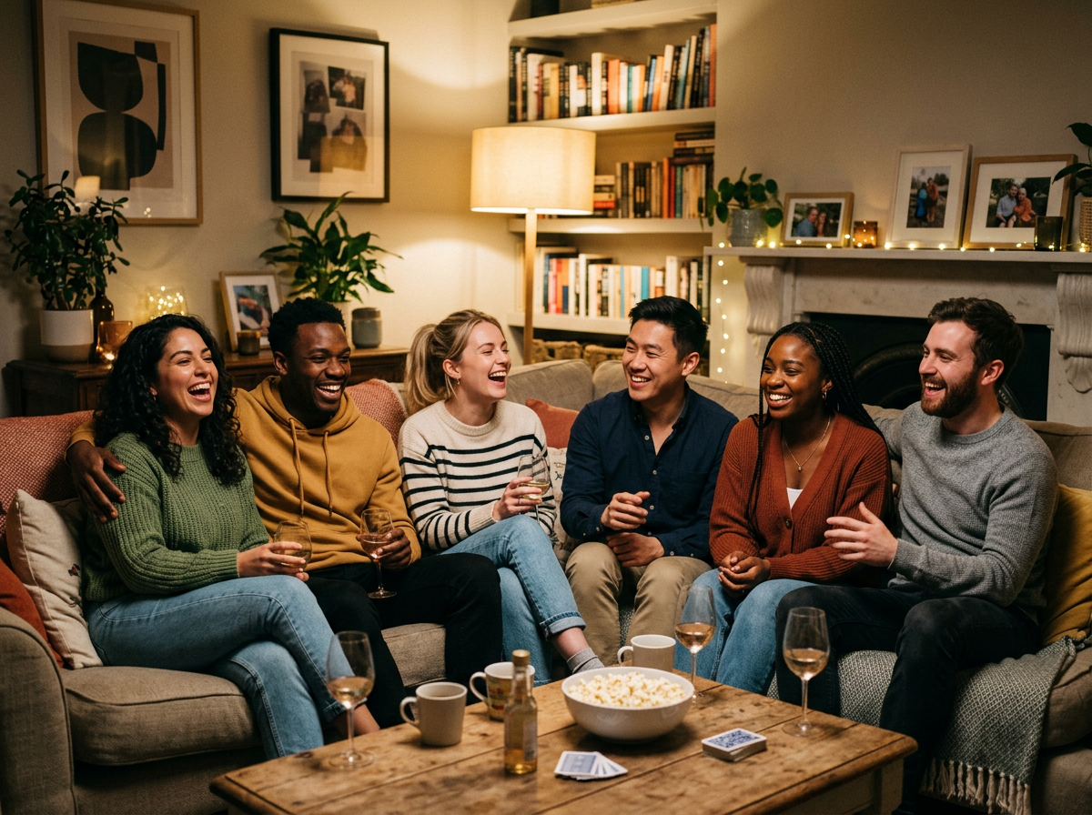 Six friends laughing together on a sofa during a cozy home gathering