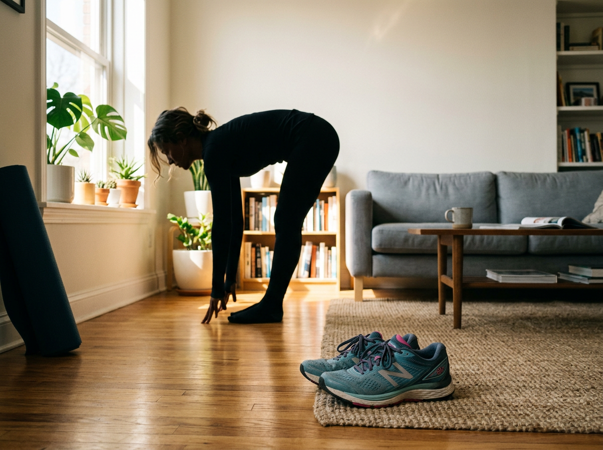 Woman stretching in a living room beside teal running shoes