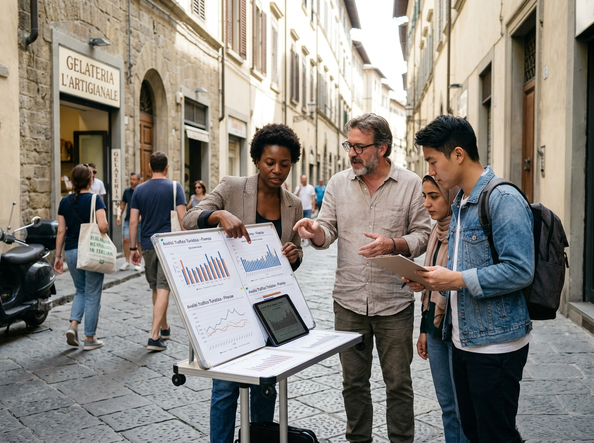 Four people reviewing data charts on a historic Italian street
