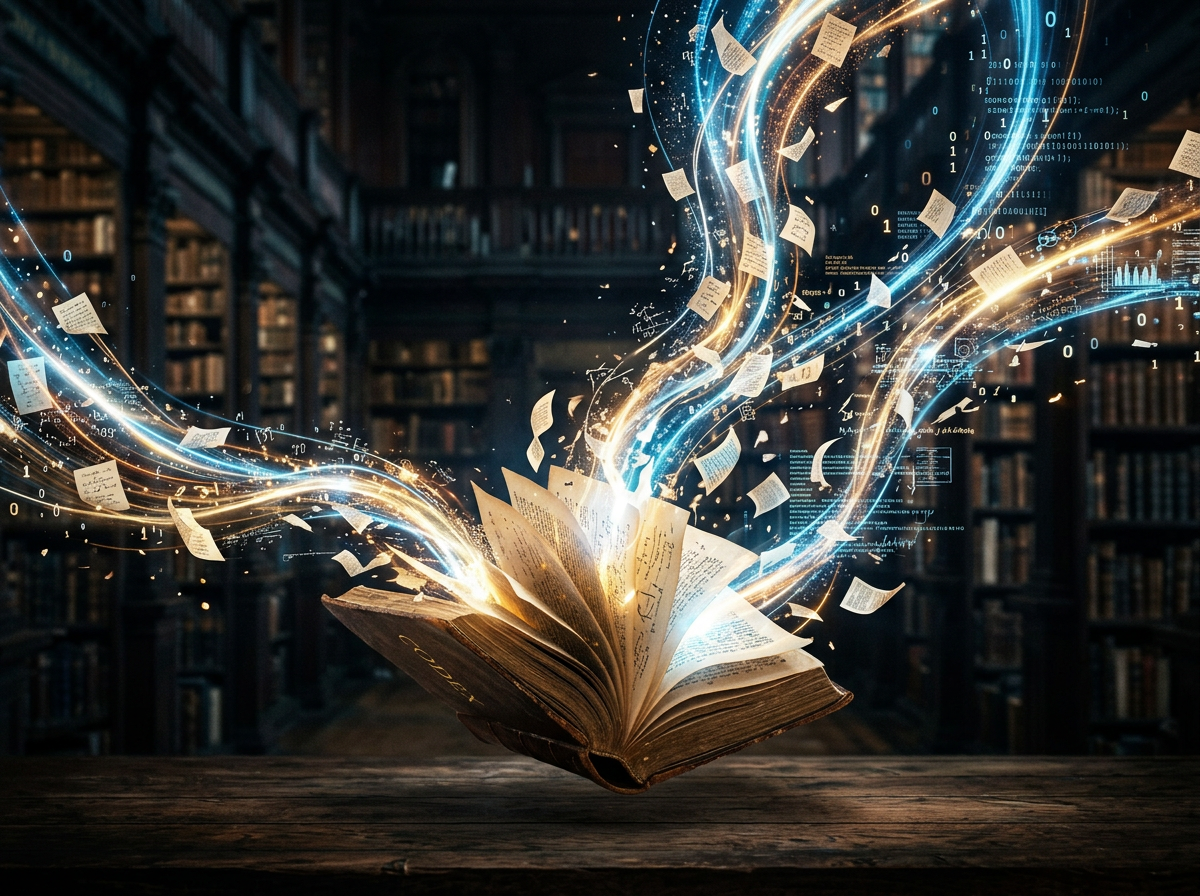 Open book emitting glowing blue and gold streams in a library
