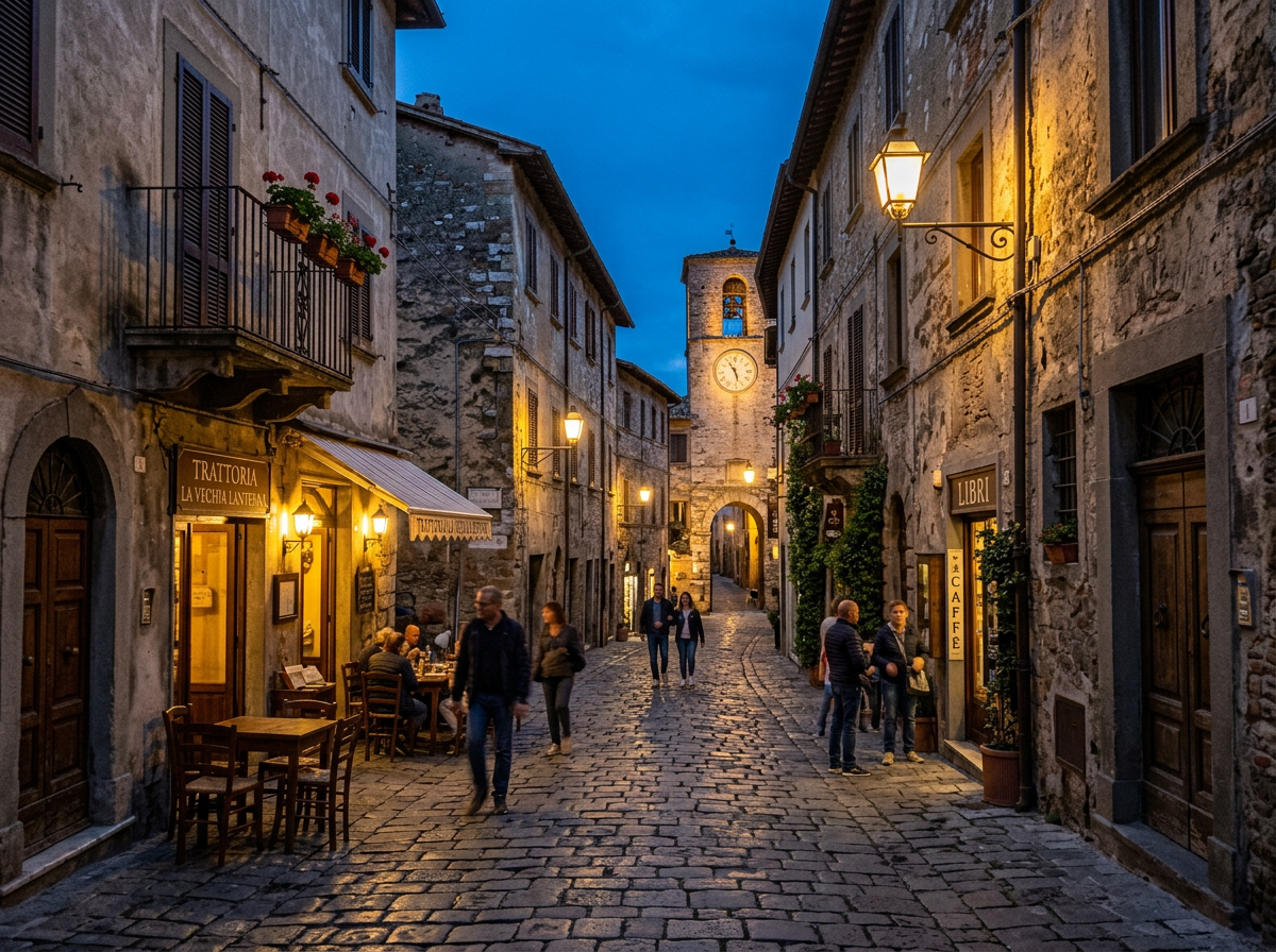 People walking along a lantern-lit cobblestone street beneath a historic clock tower