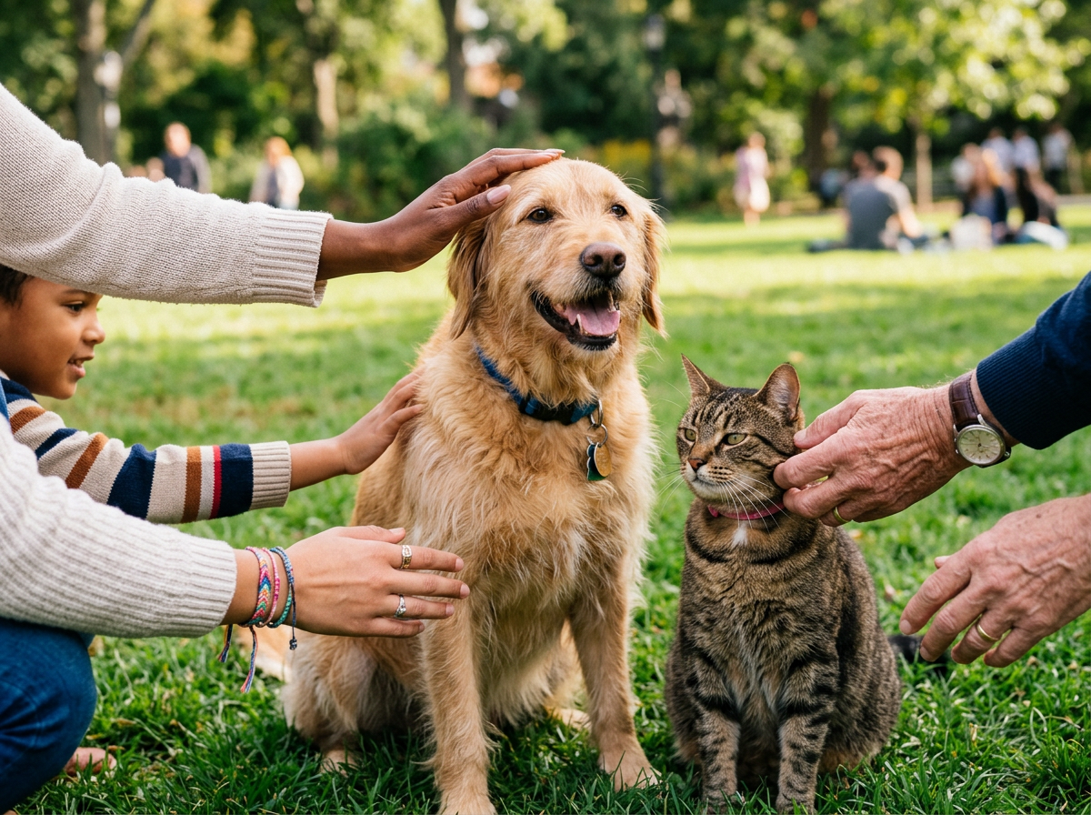 Children and adults petting a golden dog and tabby cat in a park