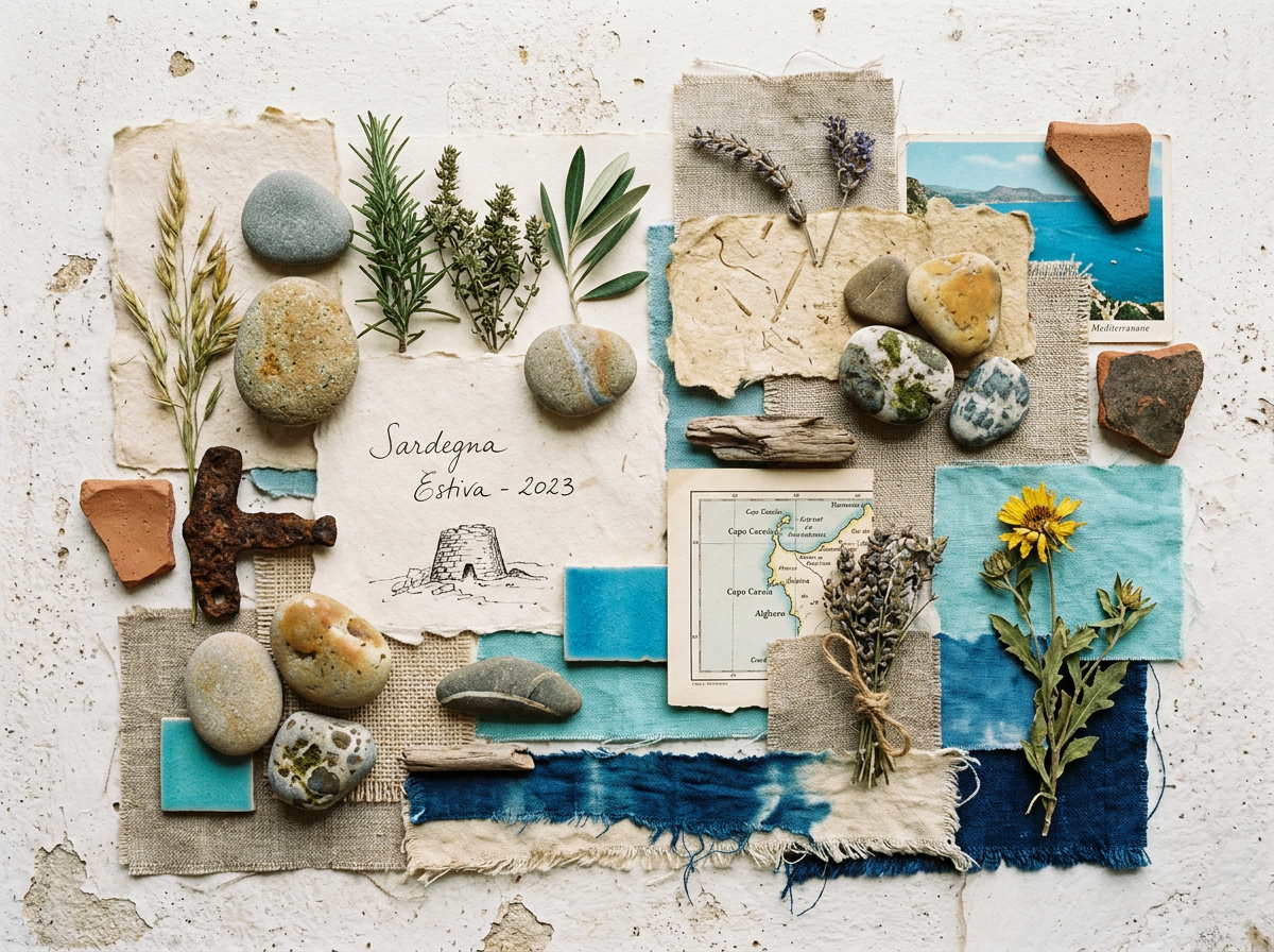 Sardinia travel collage with stones, plants, map, photograph, and handwritten text