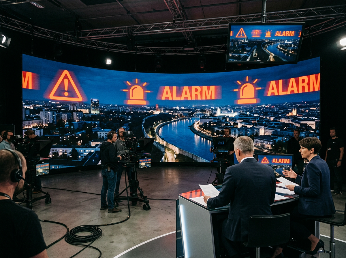 Television news studio displays repeated ALARM warnings over a nighttime cityscape