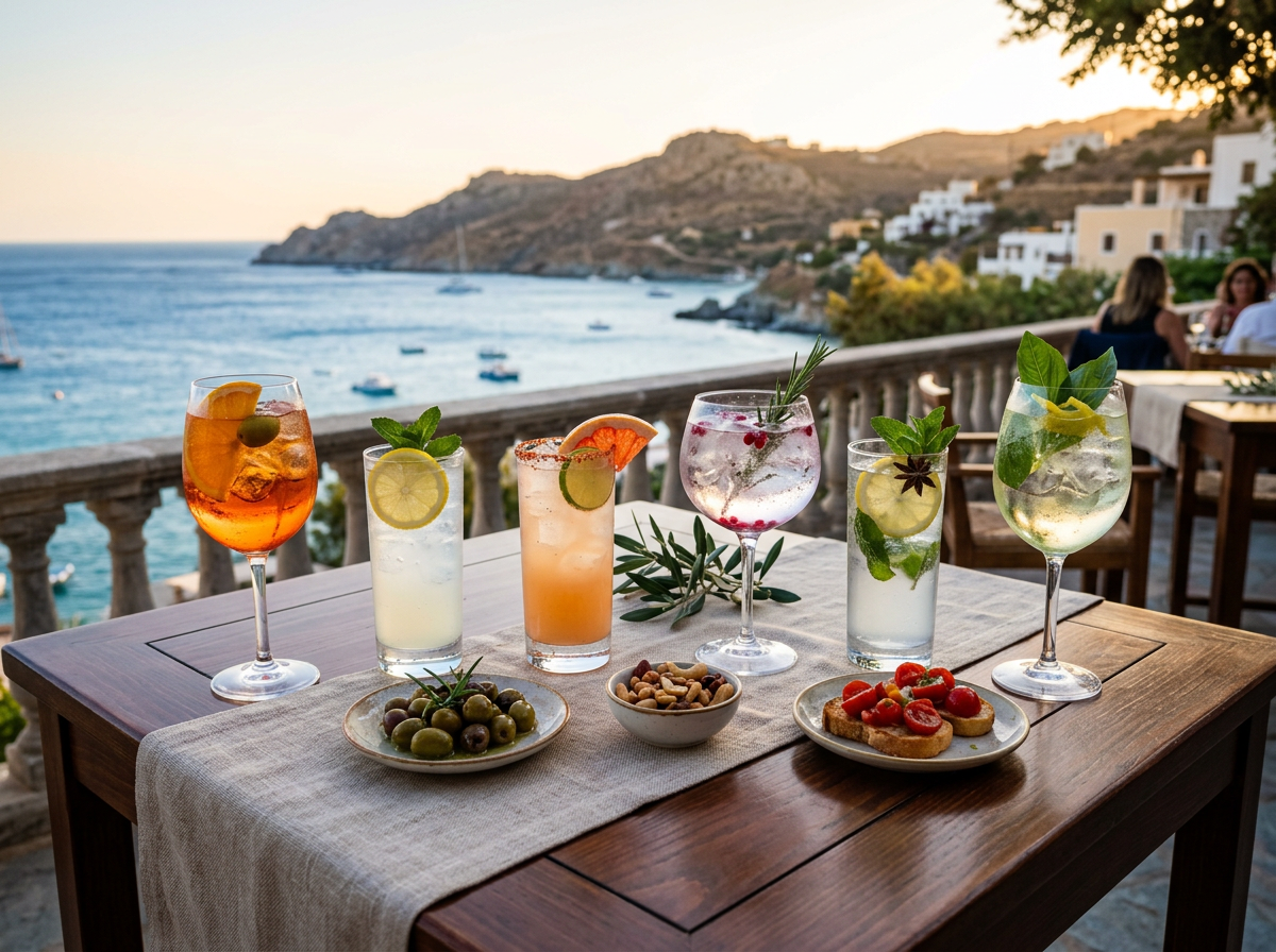 Six garnished cocktails and small plates on a seaside terrace overlooking a bay