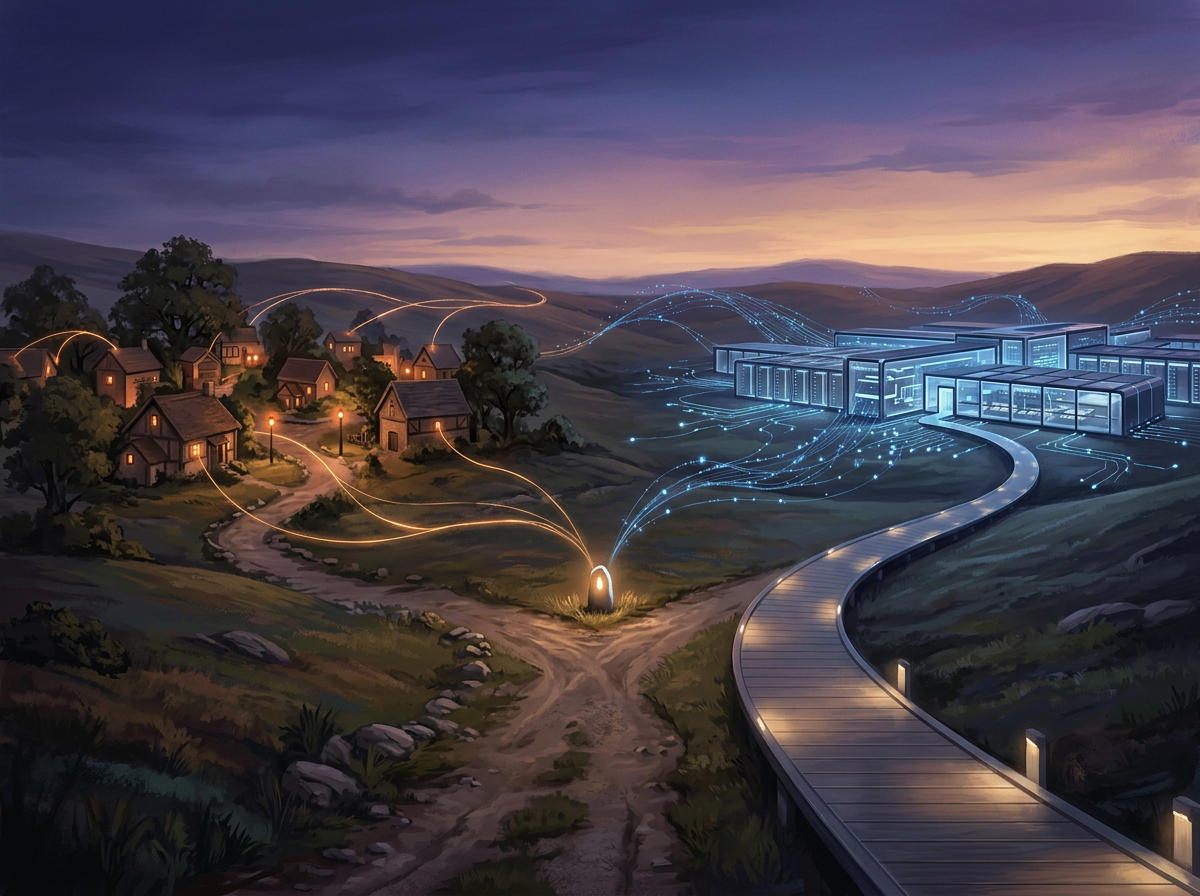 Rallentare l'intelligenza artificiale: un villaggio connesso a un data center futuristico da percorsi digitali luminosi