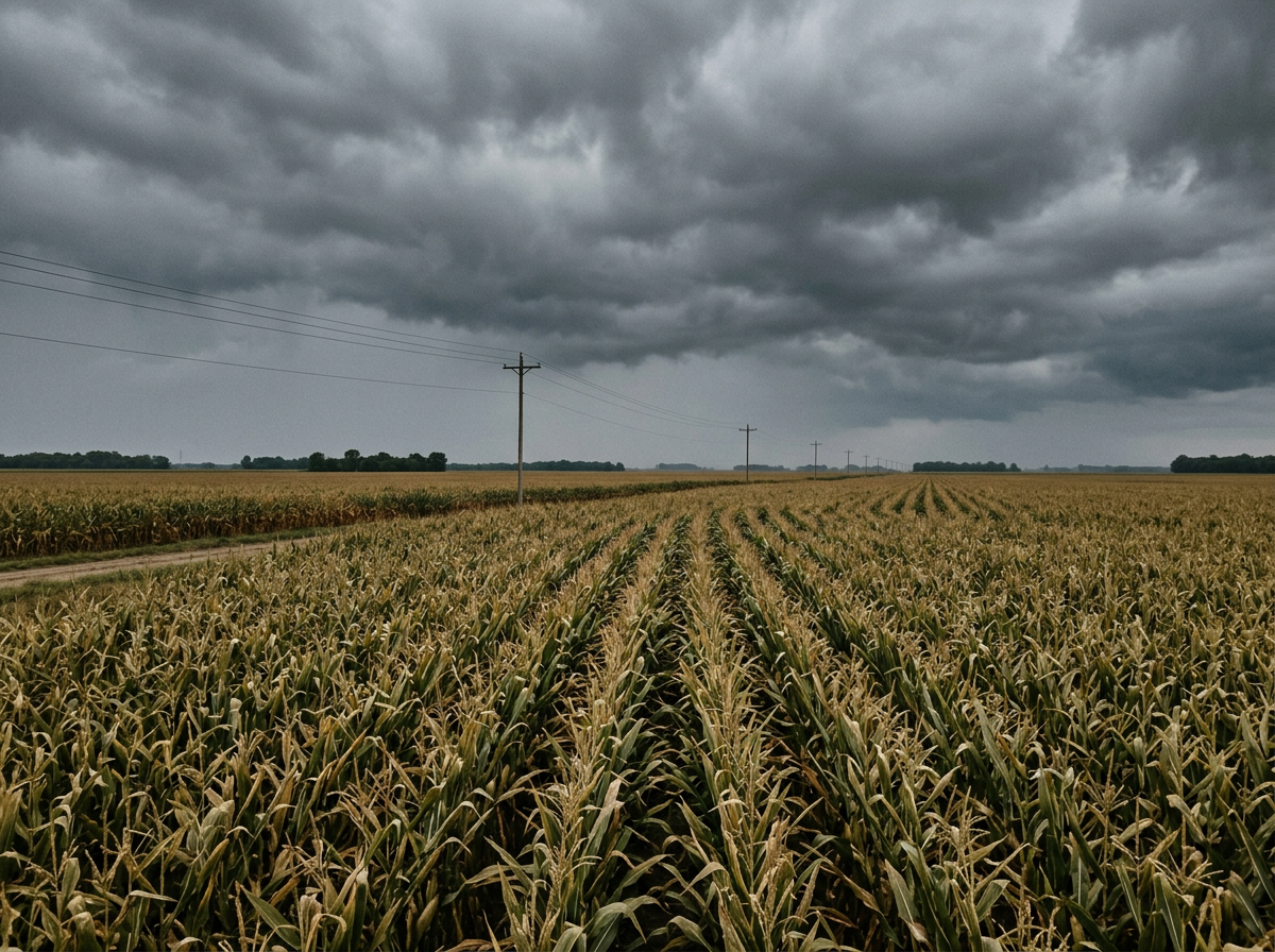 Mature cornfield beneath dark storm clouds with receding utility poles