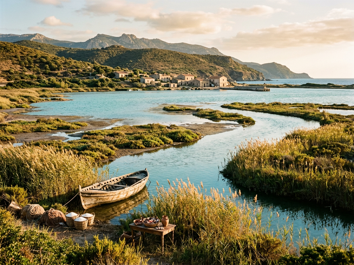 Wooden boat beside a lagoon with coastal village and mountains