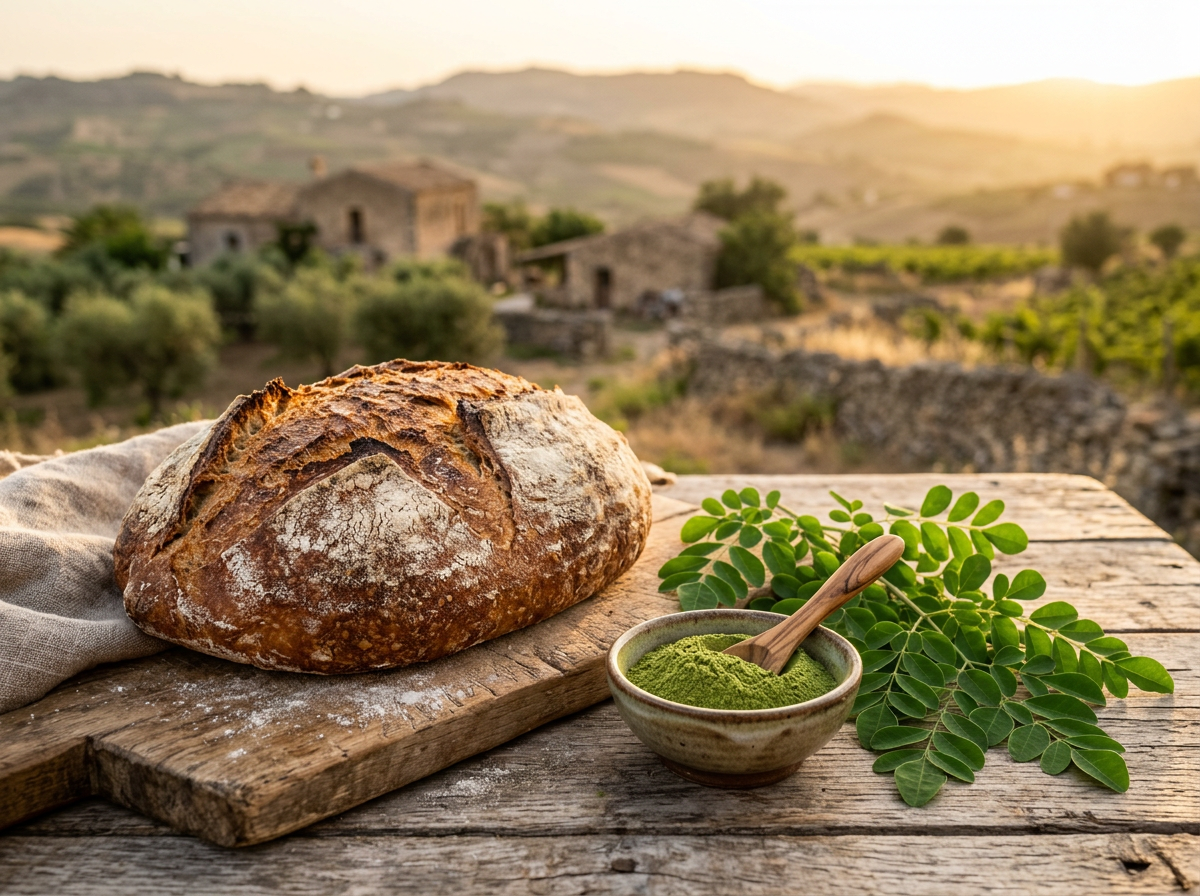 Artisan bread beside bowl of green powder and leaves