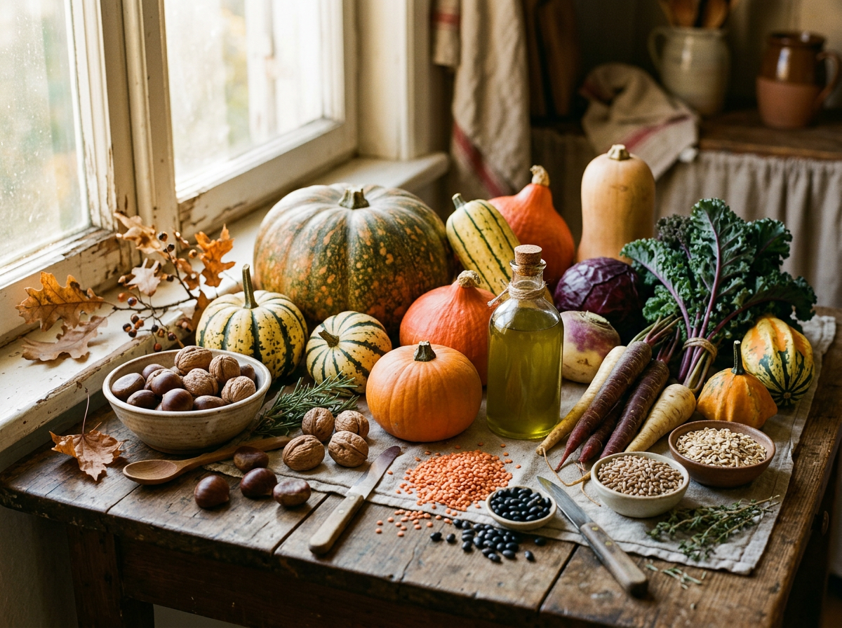 Autumn harvest of pumpkins, vegetables, legumes, nuts, and cooking oil