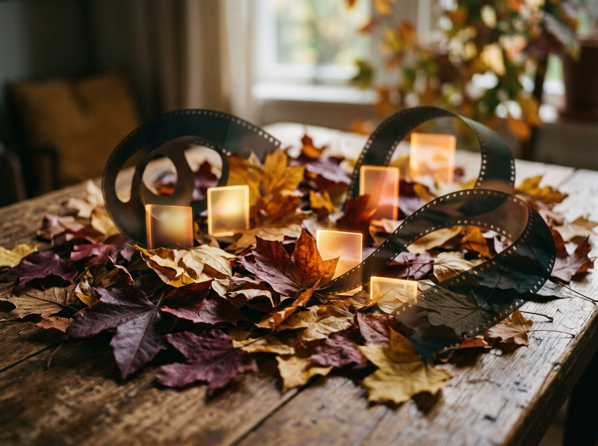 Autumn leaves, glowing candles, and film strips on a wooden table