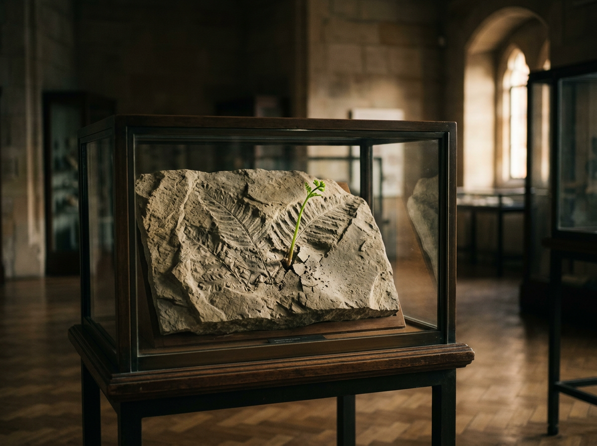 Fossilized leaf slab with a green sprout in a museum display case