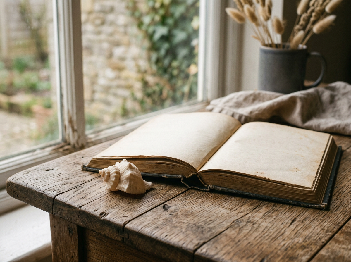 Open vintage book and seashell on a wooden table by a window