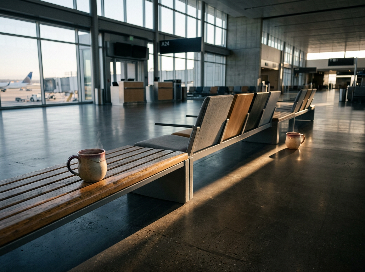 Amore a distanza: due tazze di caffè al gate di un aeroporto vuoto