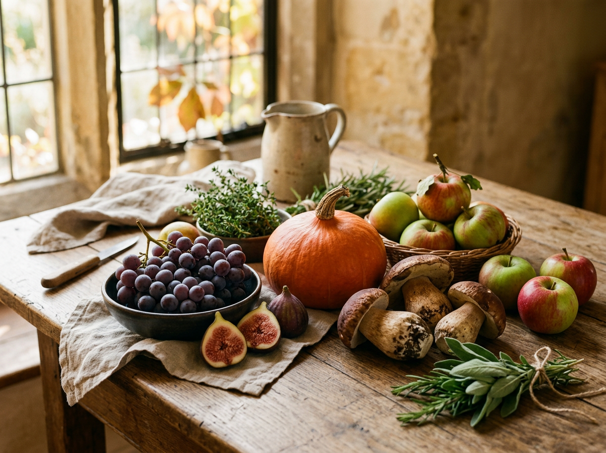 Autumn harvest of pumpkin, fruit, mushrooms, and herbs on rustic table
