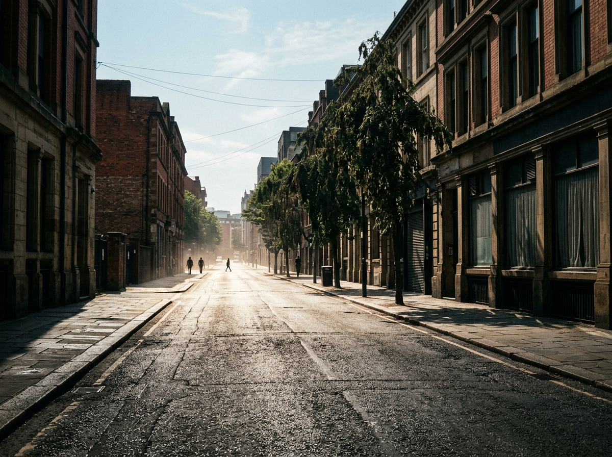 Quiet sunlit street lined with historic brick buildings and trees