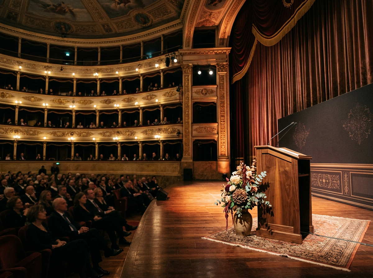 Podium on a theater stage facing a seated audience