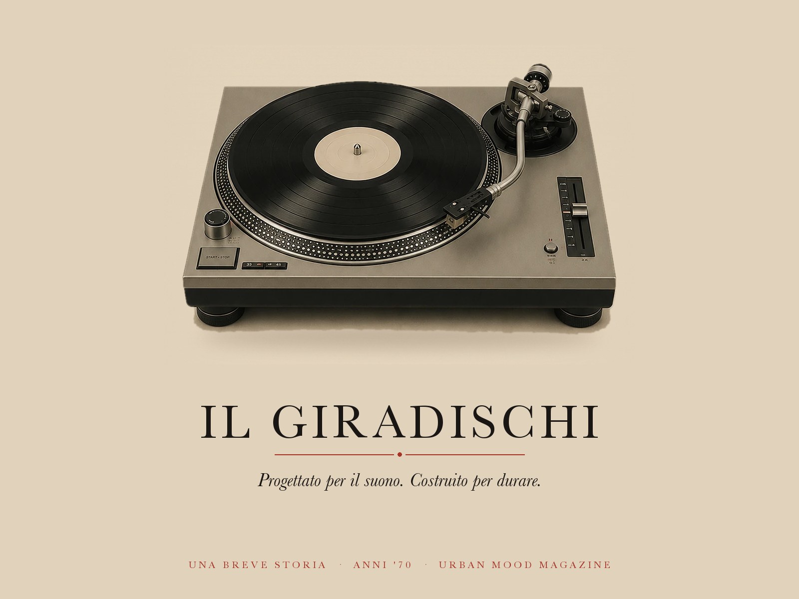 Giradischi vintage anni '70 a trazione diretta con un disco in vinile sotto il titolo Il giradischi