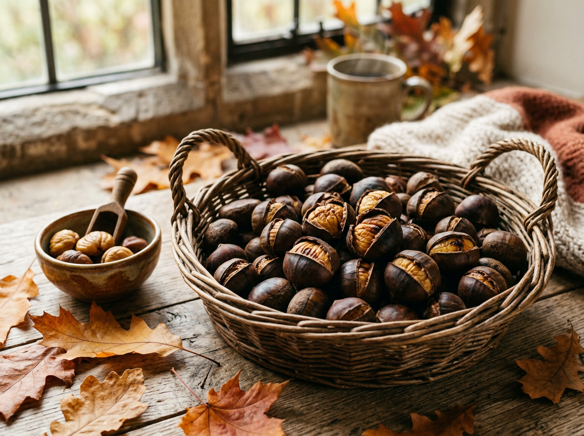 Basket of roasted chestnuts beside a bowl, coffee, blanket, and autumn leaves