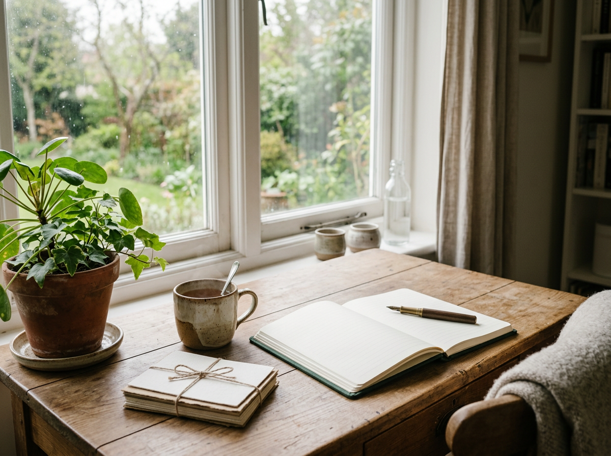 Open notebook, pen, coffee, and potted plant on a wooden desk