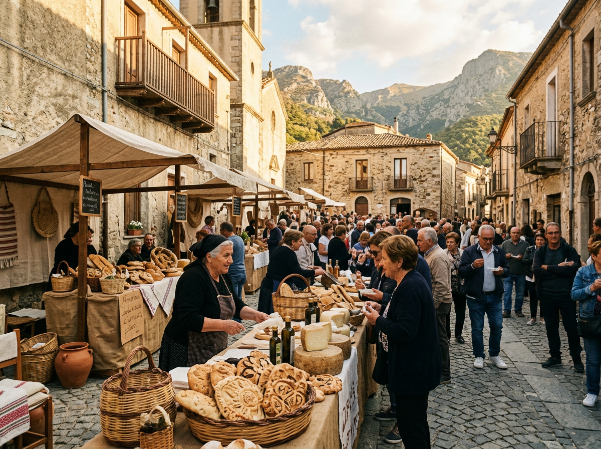 Crowded village food market with bread, cheese, and mountain views
