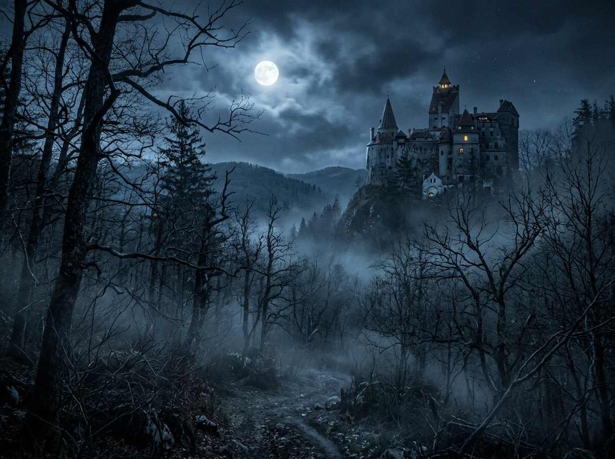 Gothic castle atop a rocky hill above a misty forest at night