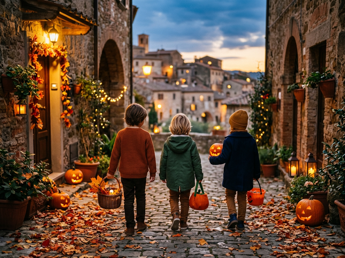 Three children trick-or-treating on a lantern-lit village street