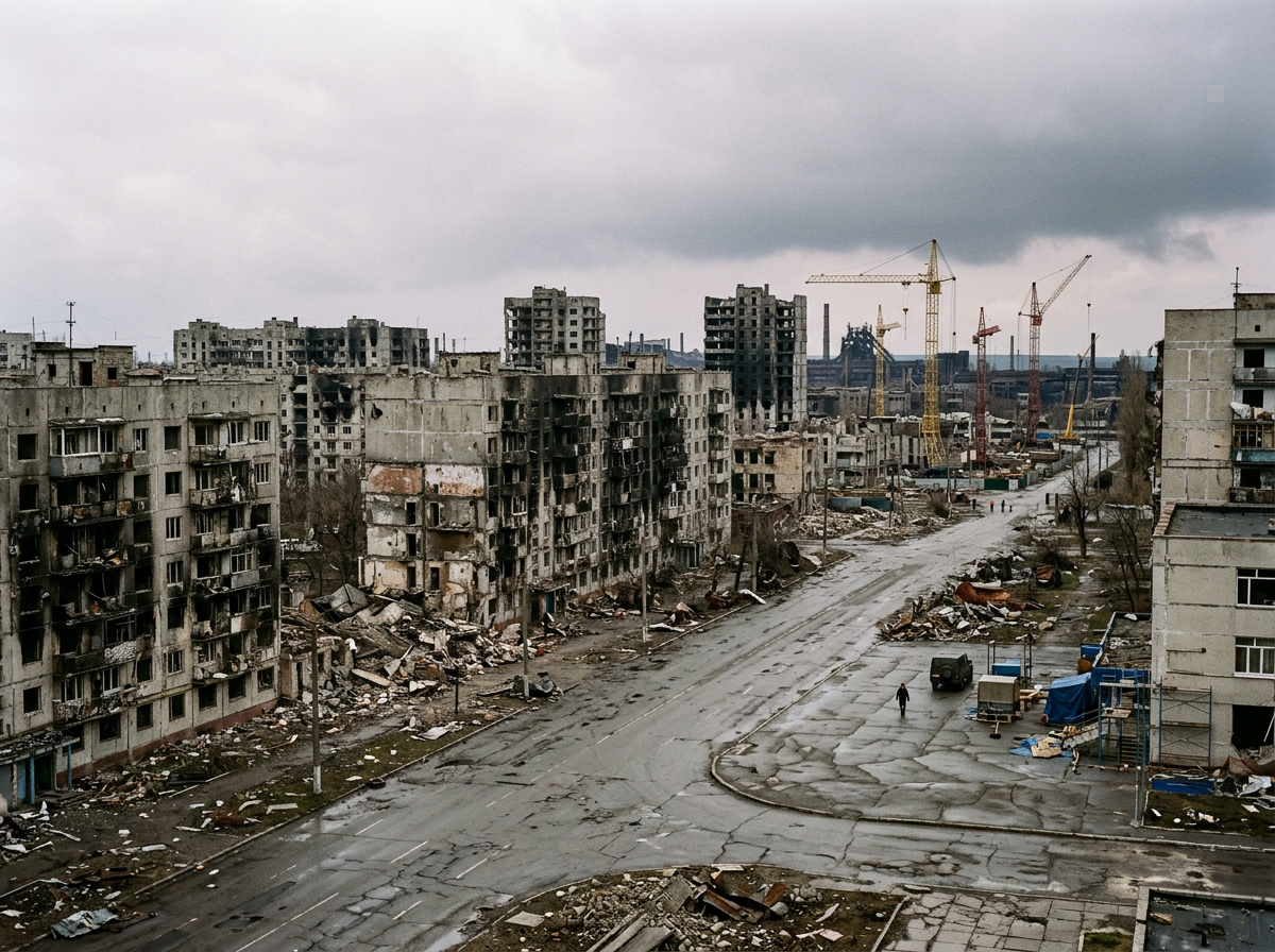 War-damaged city district with ruined buildings, rubble, and construction cranes