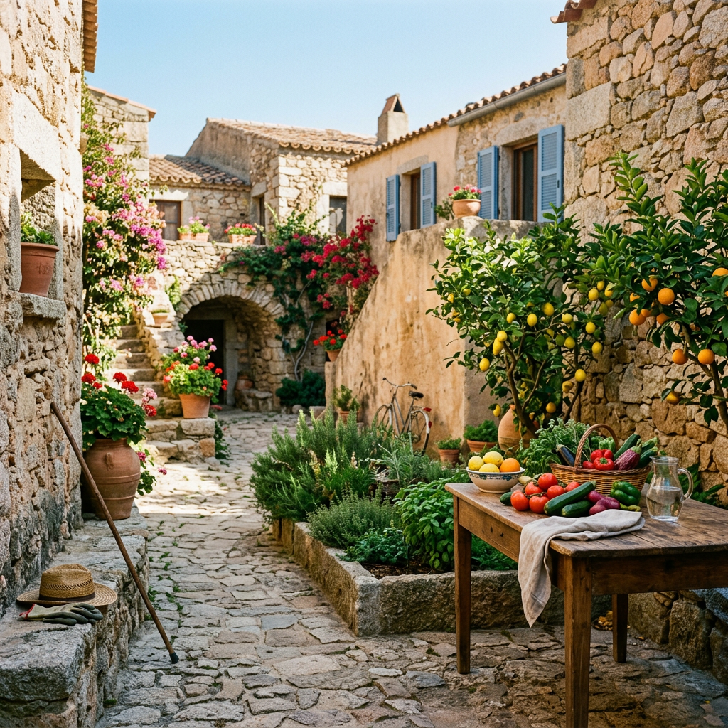 Stone village lane with flowers, citrus trees, bicycle, and fresh produce table