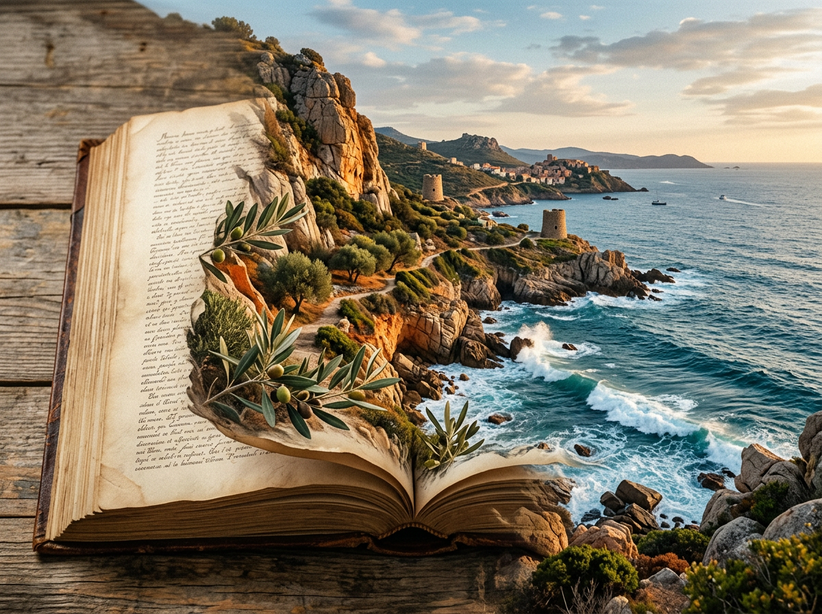Open antique book beside a rocky Mediterranean coast with olive branches and towers