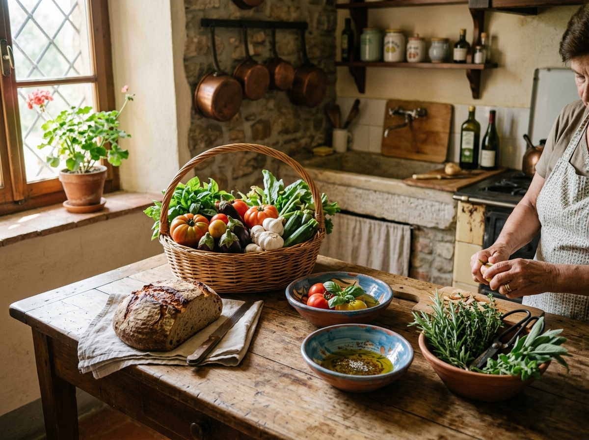 Woman preparing vegetables beside a basket of fresh produce and rustic bread
