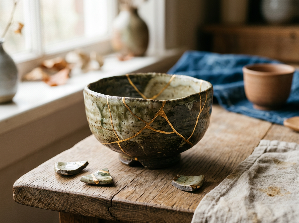 Repaired ceramic bowl with gold cracks and scattered broken pieces