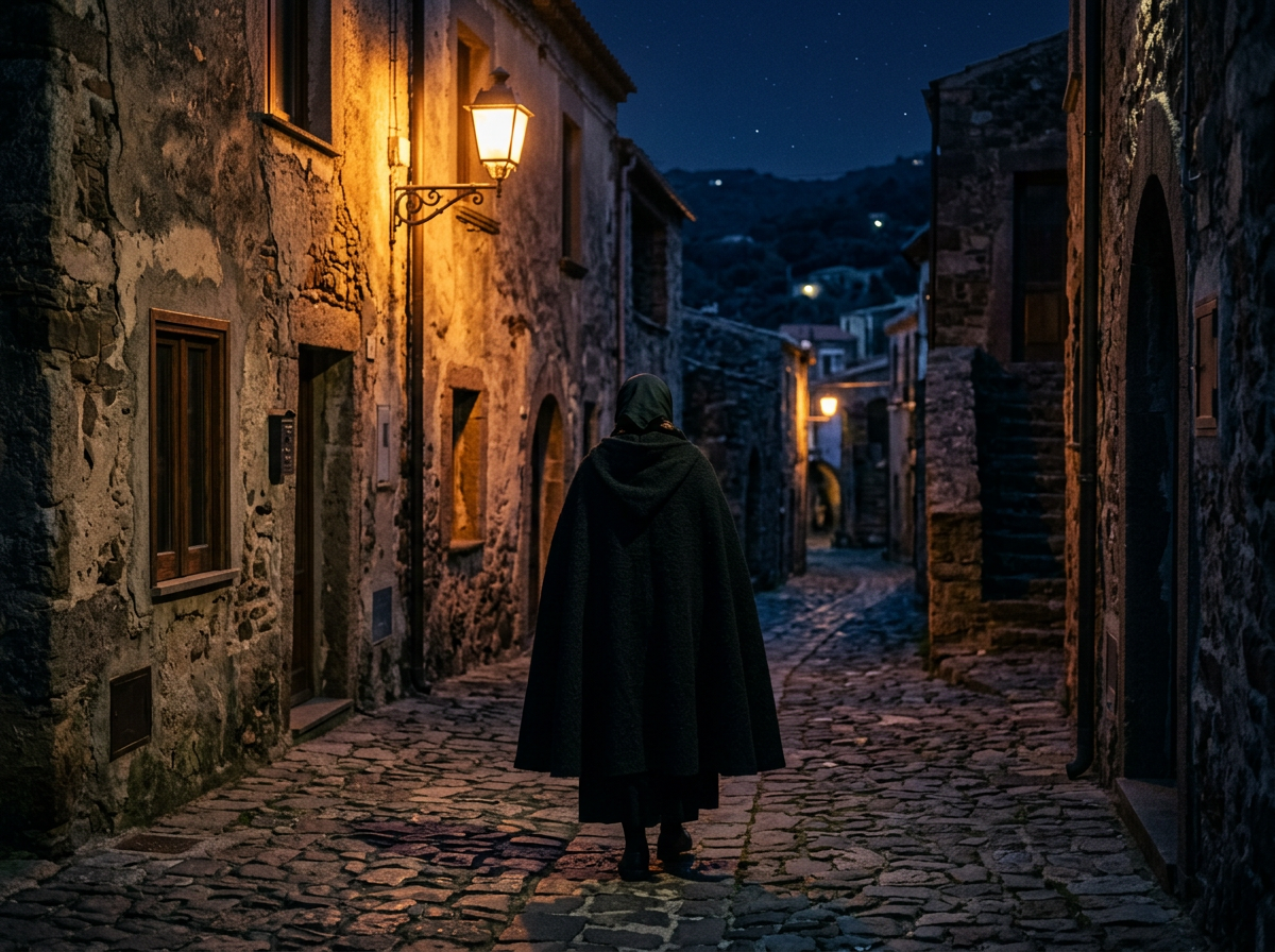 Person in a dark cloak walking through a lantern-lit cobblestone village at night