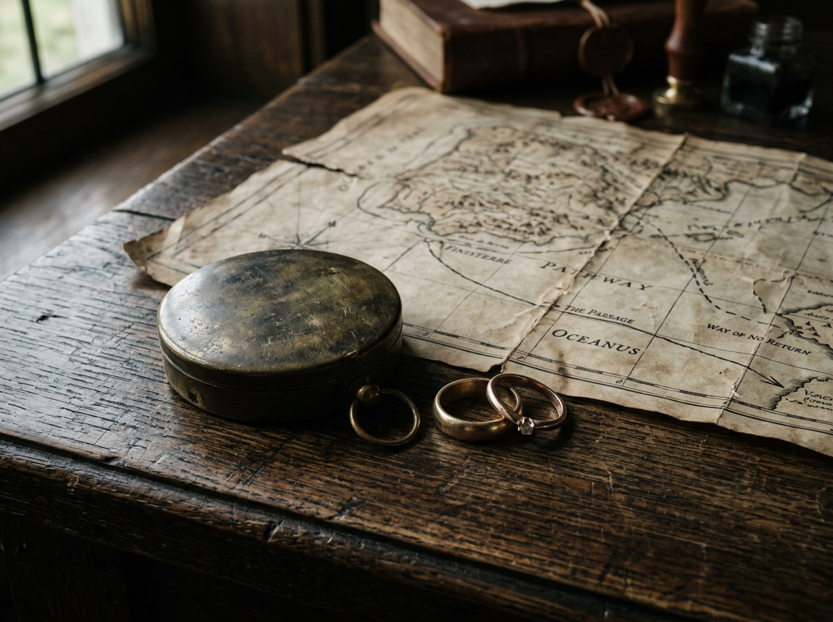 Antique compass and rings resting on a weathered map
